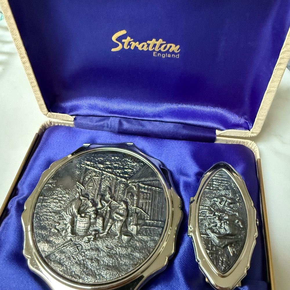 Vintage Stratton Silver Compact and Lipstick Set